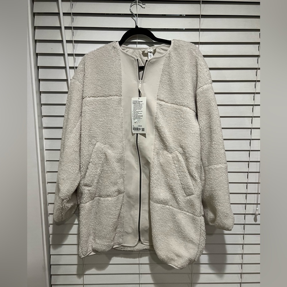 Lululemon Collarless Textured Fleece Full Zip Jacket White Opal Longline Size 10
